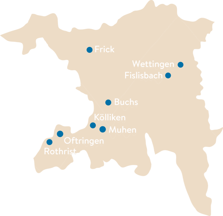 Kantonskarte in beige des Kantons Aargau mit den Standorten des Wendepunktes in blauen Punkten